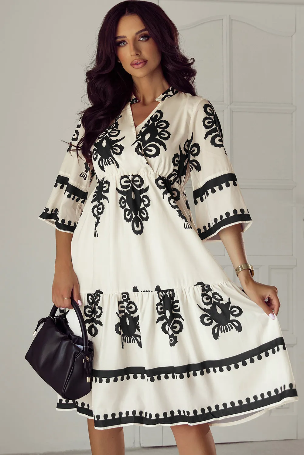 Beige Western Geometric Print 3/4 Sleeve Loose Midi Dress